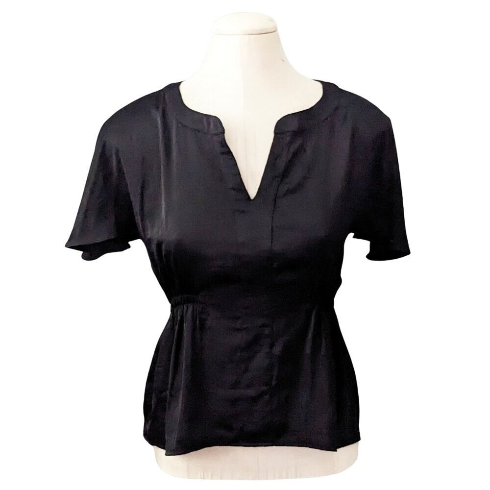 BCBG MAX AZRIA Silky Satin V-Neck Solid Black Peplum Short Sleeve Top Blouse XXS